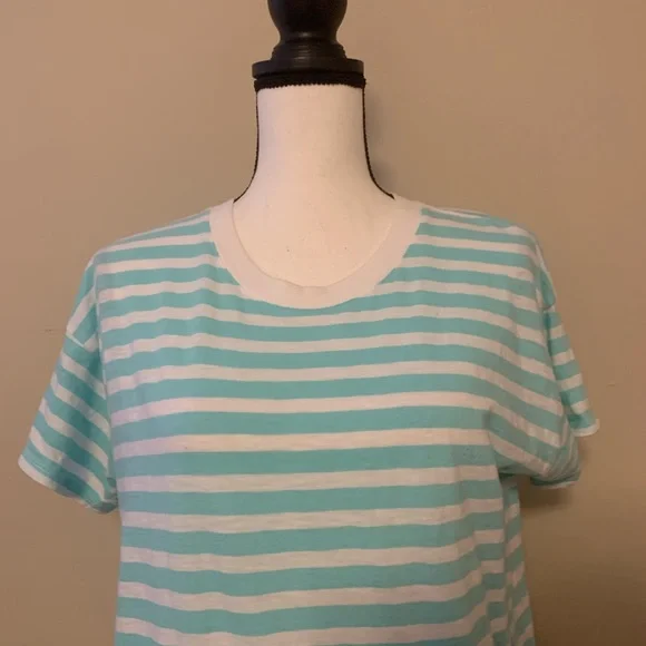 J. Crew Aqua and White Striped Short Sleeve Tee size medium euc - Picture 2 of 6